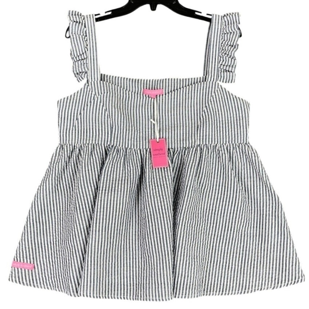 Simply Southern Seersucker Babydoll Top Womens L Navy White Stripe Ruffle Coast